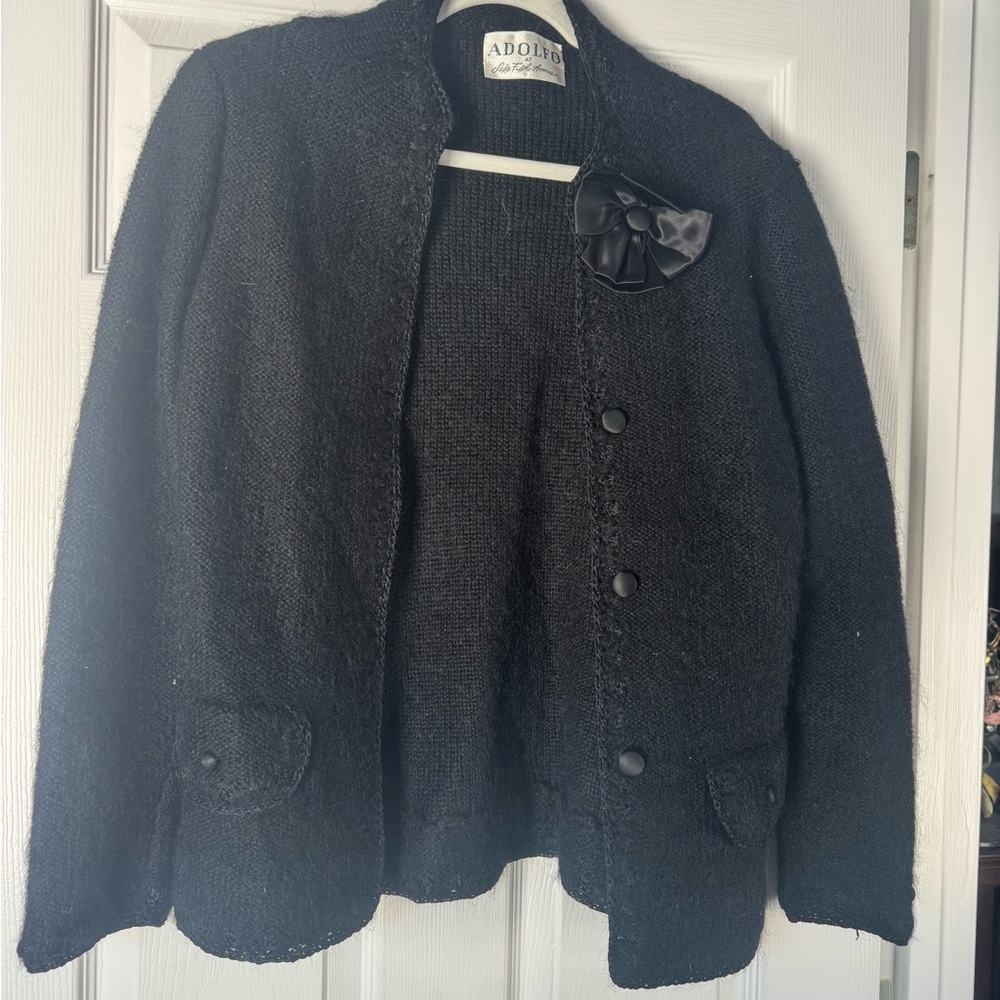 Vintage Adolfo Saks Fifth Avenue Black Bouclé Cardigan Sweater Bow Detail